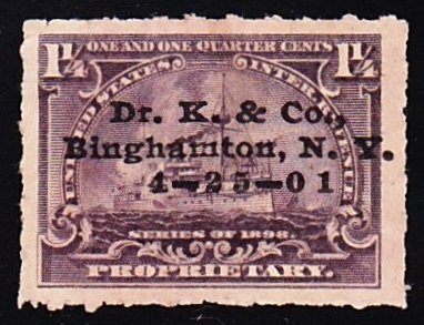 Scott RB25p, Used, 1 1/4c Proprietary with Printed Dr. K. & Co., Binghampton, NY