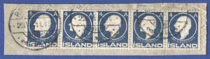 ICELAND 1911  Sc 88, 4a  Used VF, Strip of  5 on piece, Reykjavik cancels