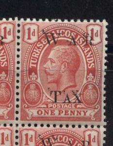 TURKS & CAICOS   War Tax MR 12 Mint NH  Block of 6- S.G.Cat.152 Double Overprint