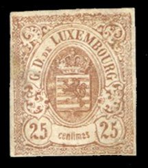 Luxembourg #9 Cat$275, 1859 25c brown, cancel removed