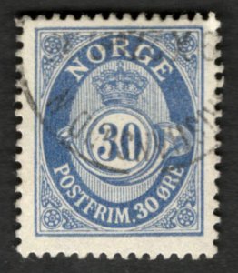 1927 Norway Sc #90 - 30 Ore Post Horn & Crown used stamp Cv$8