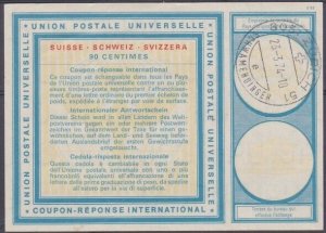 SWITZERLAND 1974 90c Reply Coupon - Zurich cds.............................B3039