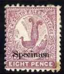New South Wales 1888-89 Lyrebird 8d perf 11x12 overprinte...