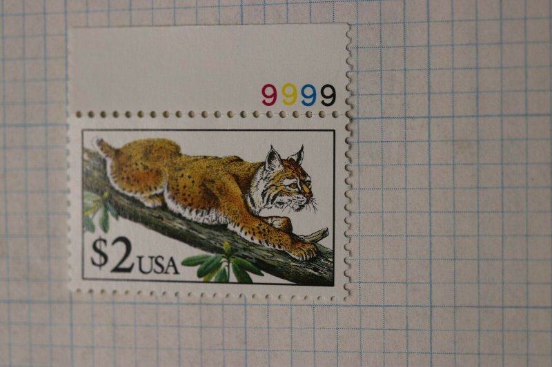 US sc#2482b tag omitted tagging Mint MNH plate #9999 single $2 bobcat