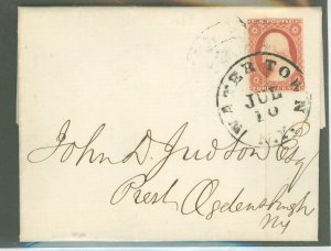 US 11 1855 3c orange red single on a July 10, Watertown, NY - letter is dated 1856