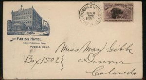 USA 1893 Colorado Illustrated PUEBLO TRANSFER Cover 99129