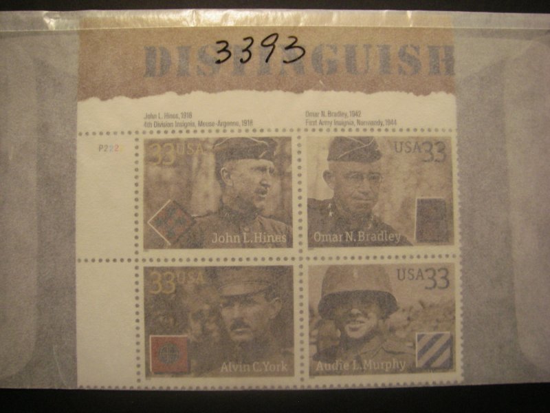 Scott 3393-96 or 3396a 33c Distinguished Soldiers, PB4 #P2222 UL, MNH Beauty