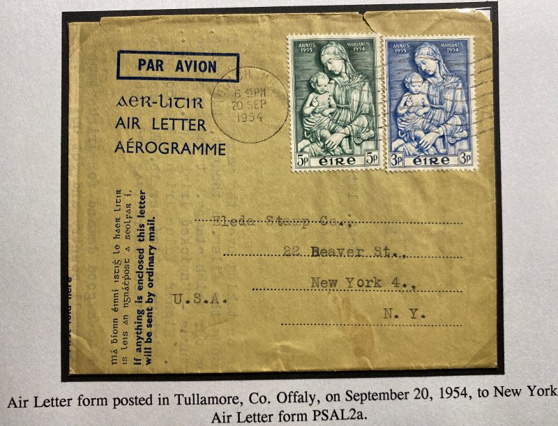 1954 Tullamore Ireland Air Letter Cover To New York USA