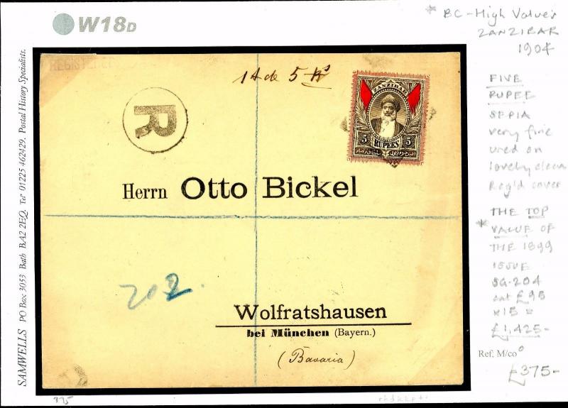 W18d British Cover 1904 ZANZIBAR Registered 5r HIGH VALUE Single Franking Munich