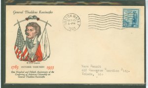 US 734 1933 5c kosciuszko on addressed fdc with a linprint cachet, boston, ma cancel, 23,025 serviced