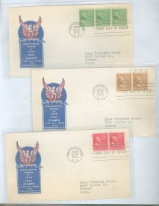 US 839-841 1939 Three prexy horizontal coils (1c Washington, 1.5c Martha Washington + 2c Adams) on three addressed FDC's...