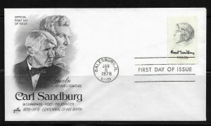 US 1978 FDC Cachet Carl Sandburg & Abraham Lincoln, VF !!!