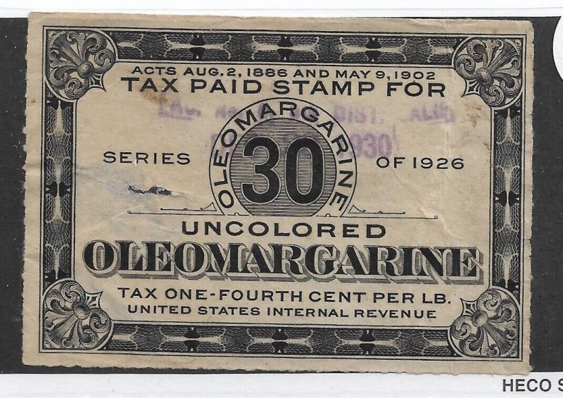 Uncolored Oleomargarine Tax Paid, Springer #FE70, used (faulty) (49343)