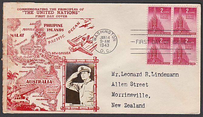 USA 1943 CROSBY photo FDC to New Zealand - United Nations for Victory......55356