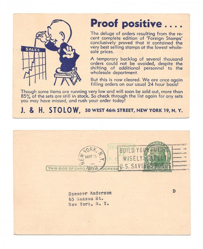 UX39 Illustrated Philatelic Advertising Postal Card J H Stolow Stamps New York