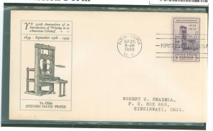 US 857 1939 3c Tercentenary of the Printing Press in America (single) on an addressed first day cover with a Linprint cachet.