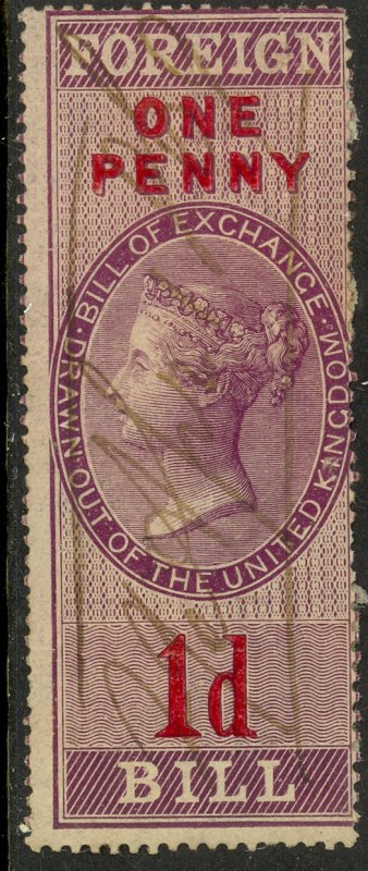 GREAT BRITAIN 1857 QV 1d FOREIGN BILL Revenue Bft. 51 VFU