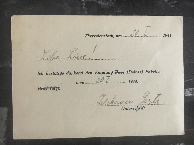 1944 Germany Theresienstadt Concentration Camp Postcard Cover Package Receipt KZ