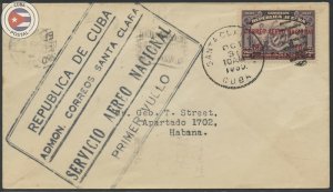 Cuba 1930 First Flight Cover Santa Clara - Havana Edifil N14 | CU20227