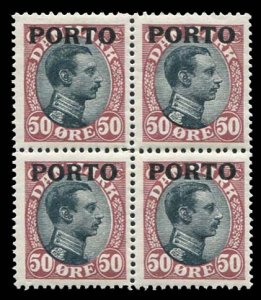 Denmark #J7 Cat$40+, 1921 50o claret and black, block of four, never hinged