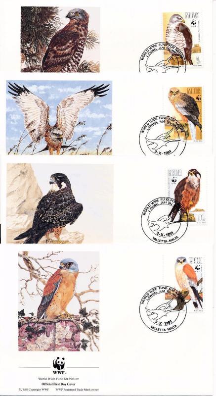 [53597] Malta 1991 Birds Vögel Oiseaux Ucelli of prey WWF FDC 4 covers