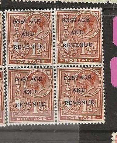 MALTA  SG178  KGV   1 1/2D P&R BLOCK OF 4    MNH       P0902A H