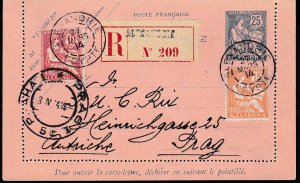 France Alexandria, Egypt 1914 Registered Uprated Reply-Card to Prague, Czech.