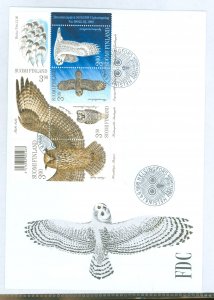 Finland 1078 1998 Owls (birds) mini-souvenir sheet of five stamps on an unaddressed, cacheted FDC