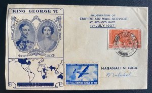 1937 Dar Es Salaam Tanganyika First Empire Airmail Service cover to Melakal