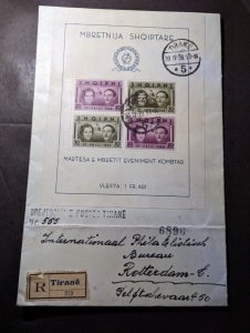 1938 Registered Albania Souvenir Cover Tirane to Rotterdam Netherlands