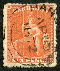 Barbados SG50 6d Orange-vermilion rough perf 14 to 16 Cat 28 pounds