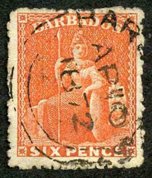 Barbados SG50 6d Orange-vermilion rough perf 14 to 16 Cat 28 pounds