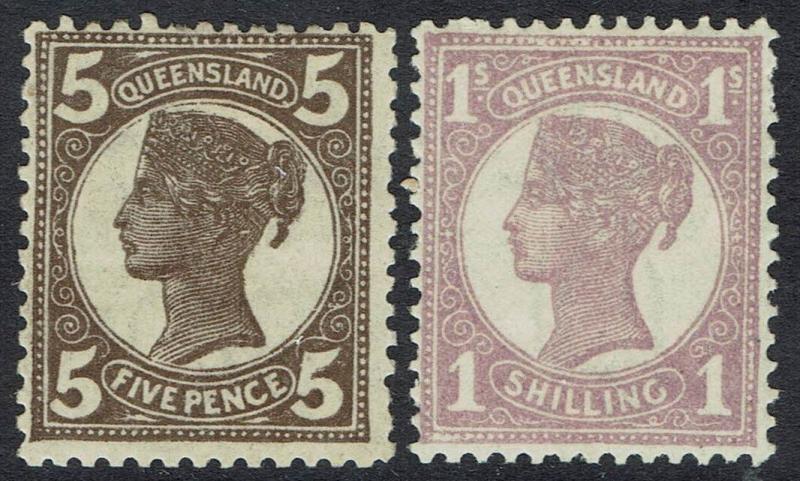 QUEENSLAND 1897 QV 5D AND 1/- WMK CROWN/Q