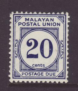 1957 Malaya 20c Postage Due Wmk Script SGD21a