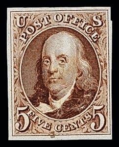 1847 (1875 Reproduction), 5¢ red brown (Scott 3), PSE Cert.