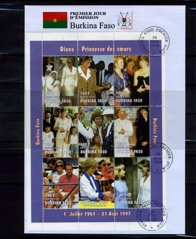 Burkina Faso 1998 Pope Jonh Paul II Princess Diana Sheet Perforated in FDC