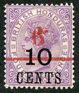 British Honduras SG43var 6c on 10c on 4d in Red 6 smudged M/M