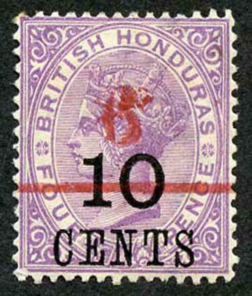 British Honduras SG43var 6c on 10c on 4d in Red 6 smudged M/M