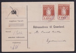 Greenland, Scott Q3a (Facit P2), Two singles on parcel card, w/ Moller cert