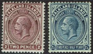 FALKLAND ISLANDS 1921 KGV 2D AND 21/2D WMK MULTI SCRIPT CA