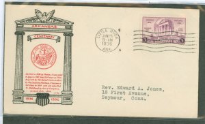 US 782 1936 3c Arkansas Statehood Centennial on an addressed (typed) FDC with a J.A.Roy cachet