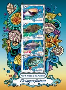 MALDIVES 2016 SHEET TRIGGERFISHES FISHES MARINE LIFE mld161008a