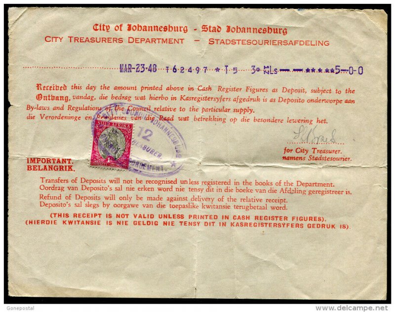 d125 - SOUTH AFRICA 1948 Treasury Dept Receipt 1d Stamp used as Revenue