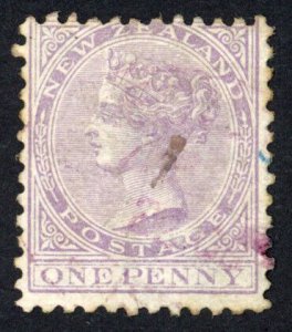 New Zealand 1878 SG.180 1d mauve-lilac P12x11.5 used cat 10 pounds