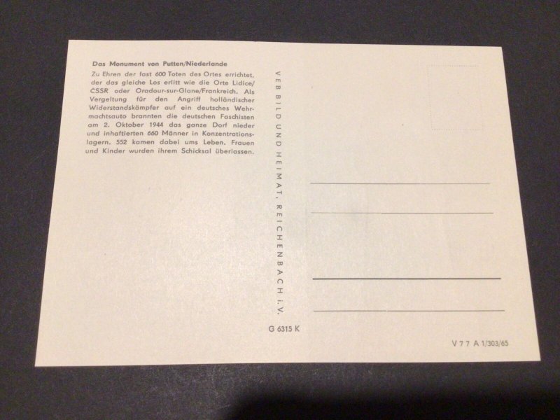 German Democratic Rep 1965 Putten Consentration camp Memorial  postal card 60555