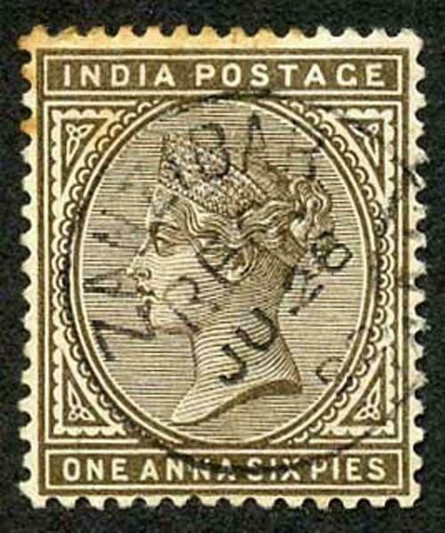 Zanzibar SGZ84 1882-90 India 1a 6p Sepia 28 July 92 with CDS (type Z6) Used