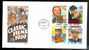 UNITED STATES FDC 25¢ Classic Films Blk of 4 1990 Artmaster