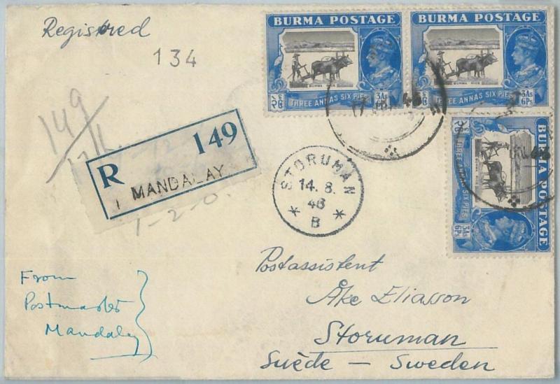 72404 - BURMA - Postal History - REGISTERED COVER to SWEDEN from MANDALAY 1946