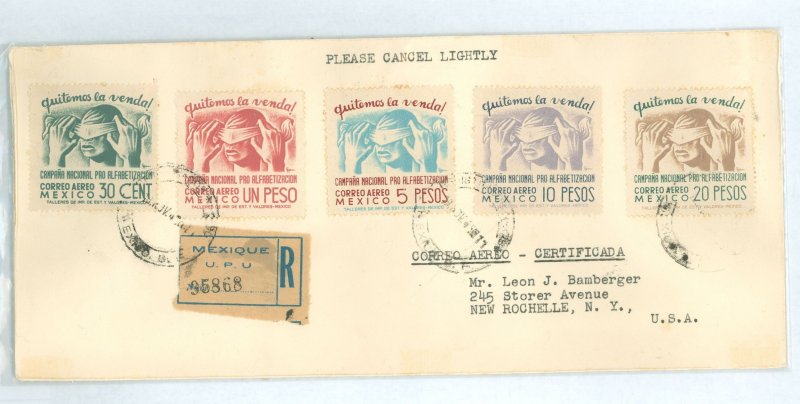 Mexico C153-157 Removing the Blindfold air mail set of five franking a 1945 regisered cover from Mexico City to New Rochelle,