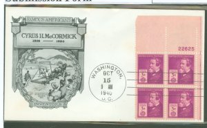 US 891 1940 3c Cyrus McCormick, inventor (part of the Famous Americans series) p# bl of 4 on an unaddressed FDC (2nd day cover w